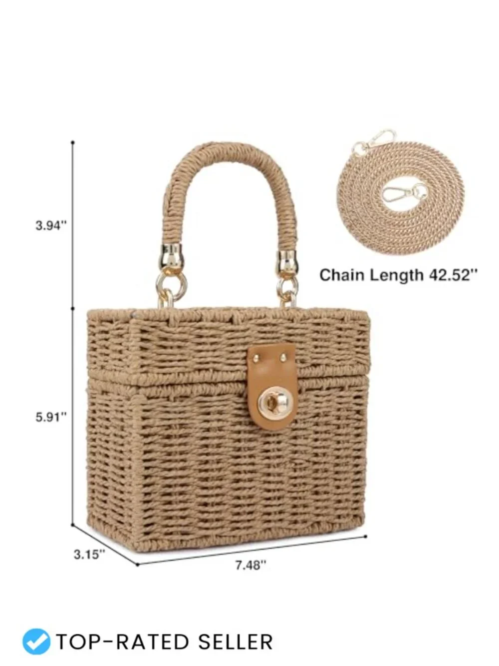 Handwoven Rattan Wicker Crossbody Shoulder Satchel Bag with Chain Strap
